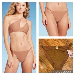 Women'sTab Side Cheeky Bikini Bottom - Wild Fable Brown Low Rise Size Large
